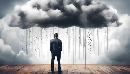 Cloudy thoughts of businessman. Man standing inside head, under cloud with rain, symbolizing mental exhaustion and stress associated with work. Contemporary art. Concept of psychology, mental ..