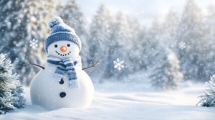 Fototapeta premium A Cheerful Snowman Wearing a Blue Knit Hat and Scarf in a Snowy Winter Forest