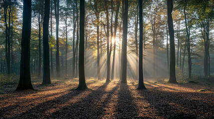 A misty forest scene at dawn, with shadows playing on the ground and the light beginning to break.