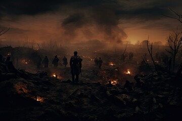 Fototapeta premium Soldiers stand atop a desolate landscape littered with debris and smoldering fires surveying the aftermath of a fierce battle at dusk
