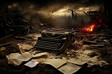 A typewriter sits amidst crumpled sheets and debris in a desolate war zone surrounded by the ashes of forgotten stories and memories