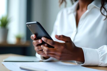 Fototapeta premium Young Woman with a Smartphone. Female holds Phone in hands. Business and Office Work concept, lifestyle