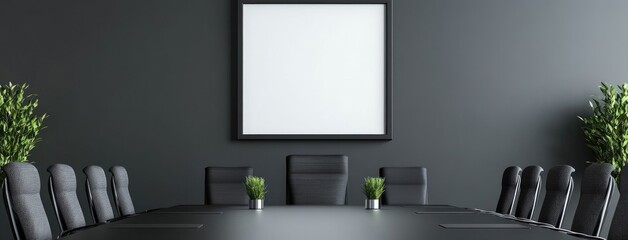 A modern boardroom awaits creative collaboration, featuring a large black table and a blank canvas above for innovative ideas