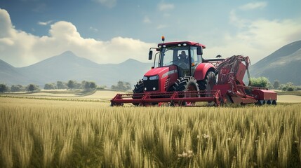 Obraz premium A photo of a forage harvester in a grassy field.