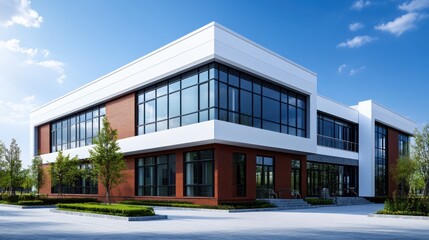 Modern School Building with Large Windows and Green Space