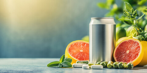Fototapeta premium Healthy lifestyle: grapefruit, supplements, and energy drink in nature setting