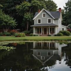 Obraz premium A charming, gray, two-story house with a wraparound porch and a large pond in front, surrounded by lush greenery.