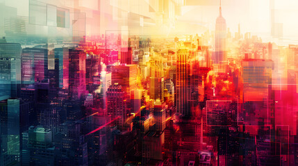 A mesmerizing cityscape blend with rich colors and dynamic lighting. The modern urban skyline glows vibrantly as dusk approaches, creating a captivating visual spectacle.