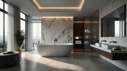 A modern and luxurious bathroom with a stunning white bathtub as its centerpiece. The walls are decorated with elegant marble tiles. The bathroom is flooded with natural light.