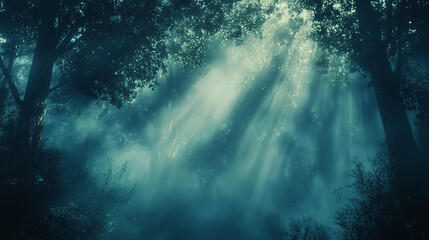 Fototapeta premium A misty forest in the early morning, where the atmosphere feels mystical and serene.