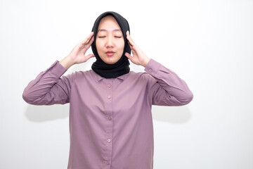 Asian, young Indonesian woman dizzy, girl headache or migraine suffering at home, holding head with hands, brain health problem Isolated on white background