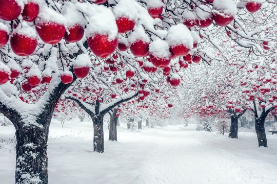 Beautiful snow-covered red apple trees standing in a peaceful winter park. Perfect for themes related to winter landscapes, nature, and seasonal beauty.