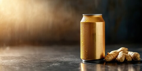 Chilled ginger ale can on marble surface with fresh ginger in warm lighting
