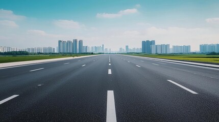 Fototapeta premium A wide empty highway stretching into a calm urban skyline, surrounded by green spaces and minimalist architecture, highway design, urban peacefulness