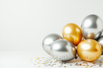 Golden and silver gray metallic balloons and confetti on floor on white background. Birthday,...