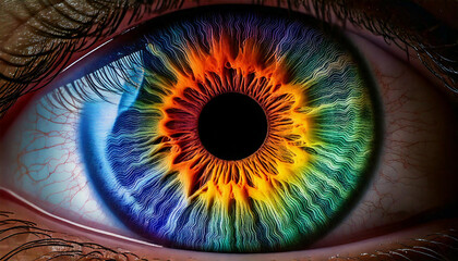Close and multicolored view of the iris of the eye.