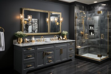 A luxurious bathroom features a double sink vanity and glass shower. Concept of elegance and modern design. For home dÃ©cor inspiration.