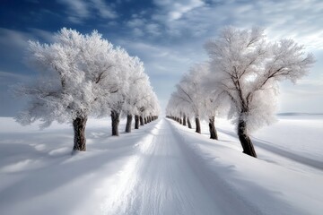 frosted trees lining a snow-covered road under a soft winter sky with light clouds, creating a serene and peaceful winter landscape in a rural setting with untouched snow