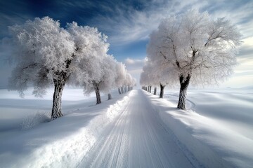 Obraz premium frosted trees along a snow-covered road under a soft winter sky with gentle clouds, creating a peaceful and serene landscape in a quiet, rural setting with untouched snow