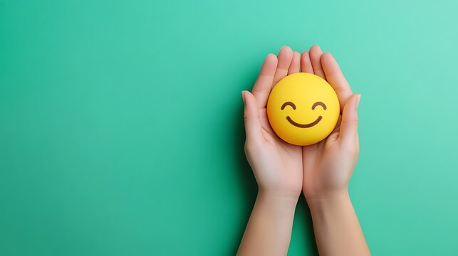 Delicate hands cradling a yellow smiley face, representing peace and care on a solid green backdrop, with space for text.