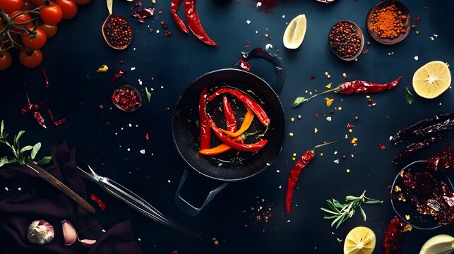 Red chili peppers in a pan on a dark blue background with other spices.