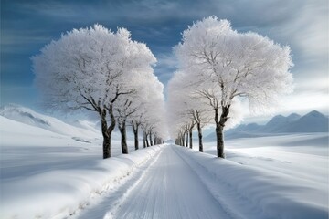 Obraz premium frosted trees lining a snow-covered road leading into a serene winter landscape with distant mountains under a soft blue sky, creating a peaceful and tranquil atmosphere