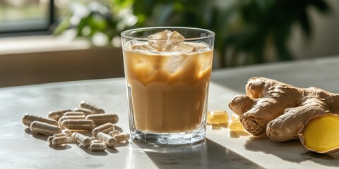Iced ginger latte with supplements and fresh ginger on marble surface