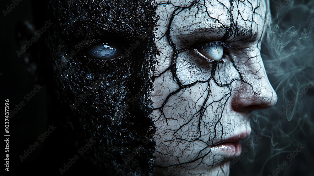 Poster exploring the dichotomy of human emotion an abstract representation of light and darkness in the sou