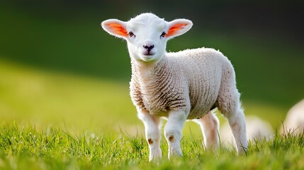 A cute lamb stands playfully in a green field, embodying innocence and nature's beauty.