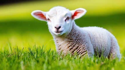 Obraz premium A cute lamb stands in a lush green field, illustrating the beauty of nature and tranquility.