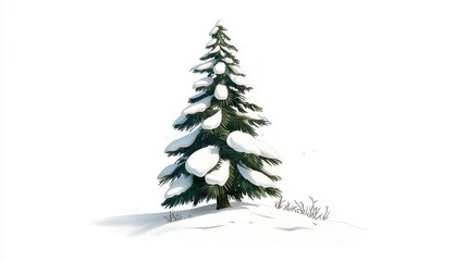Fototapeta premium Snow-covered evergreen tree standing in a winter landscape against a plain white background.