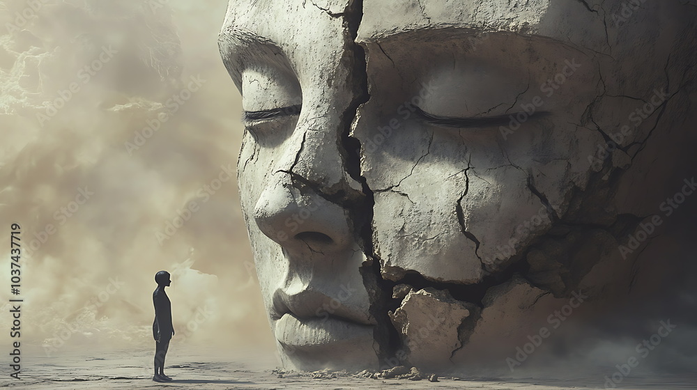 Aufkleber a solemn encounter a figure gazes at a colossal and cracked ae result contemplating its meaning and 