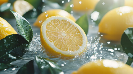 Freshly sliced lemon floating in water, surrounded by vibrant green leaves, creates refreshing and lively scene. splashes of water add dynamic touch to this citrus display