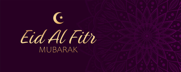 Golden text Eid Al Fitr Mubarak and abstract floral mandala on dark purple background. Elegant festive design for greeting card, banner or poster to mark the end of Ramadan.