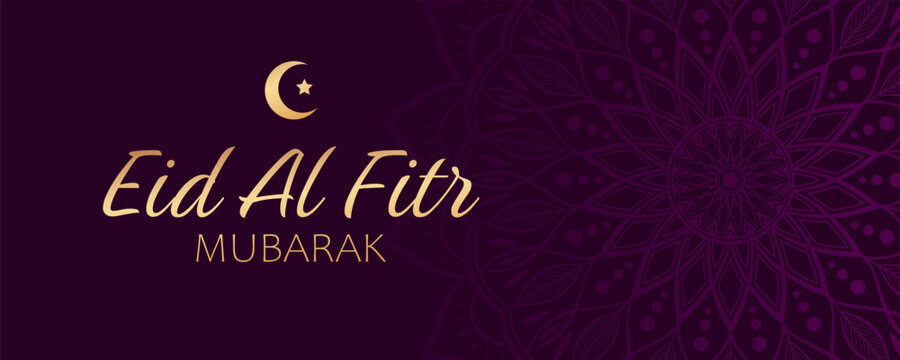 Golden text Eid Al Fitr Mubarak and abstract floral mandala on dark purple background. Elegant festive design for greeting card, banner or poster to mark the end of Ramadan.