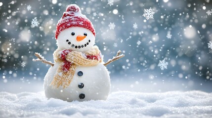 Obraz premium A Snowman Standing in a Snowy Field with Falling Snowflakes