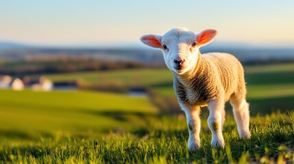 Obraz premium A cute lamb stands in a vibrant green field, with a serene countryside backdrop under a clear sky, embodying the charm of rural life.