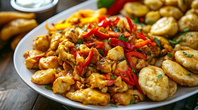 A mouthwatering platter of Jamaican ackee and saltfish served with fried dumplings and plantains, Ackee and saltfish platter centered, Soft Caribbean sunset lighting evoking a tropical vibe