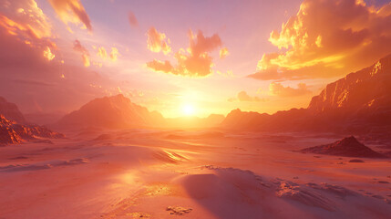 A mesmerizing sunrise over the desert landscape, illuminating the sand.