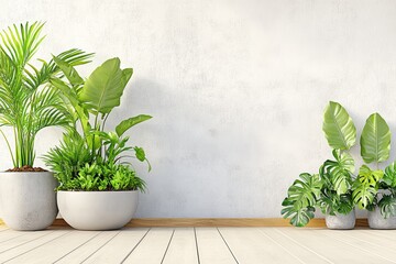 Fototapeta premium インテリアに最適な観葉植物が配置されたシンプルな室内スペースの様子