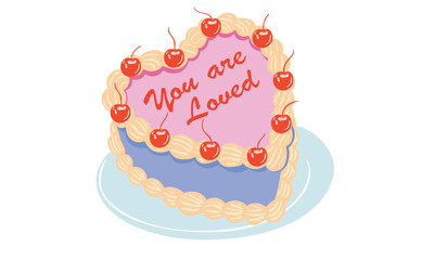 Cherry cake. You are loved. Have a nice day. Sweet club. Fruit vanilla cake graphic print design for t shirt, apparel, posters, background. Happy birthday cake set vector art, 