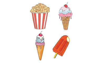 Popsicle poster design. Popcorn hand drawn vector art.  Fruit fresh ice cream graphic print design for t shirt, apparel, posters, background and others.  Popcorn hand drawn vector design.