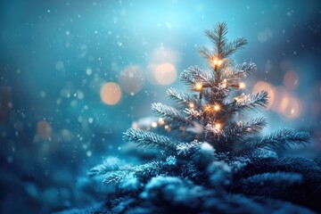 Fototapeta premium A Snowy Christmas Tree with Lights and Bokeh Background