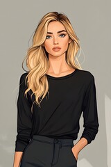 In this portrait, the woman exudes a quiet confidence with her sleek black attire and natural beauty. The simplicity of her look emphasizes her self-assured presence and timeless fashion sense.