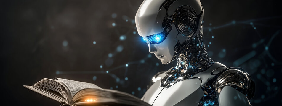 A robot is reading an open book, with its head tilted and glowing blue eyes. The background of the image has been replaced by a gradient from dark to light gray, creating a calm atmosphere