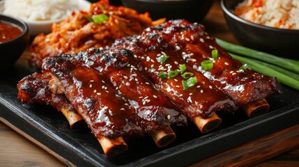 A mouthwatering platter of Korean barbecue ribs glazed with spicy gochujang sauce, served with kimchi and steamed rice, Barbecue ribs platter centered