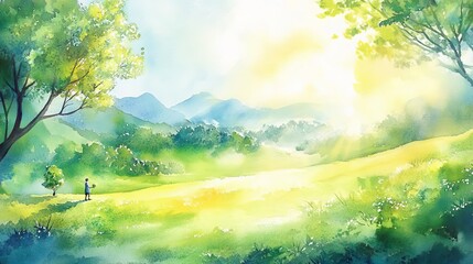 Fototapeta premium Person planting trees in a vast green field, soft sunlight and clean air, watercolor painting of a carbonfree world