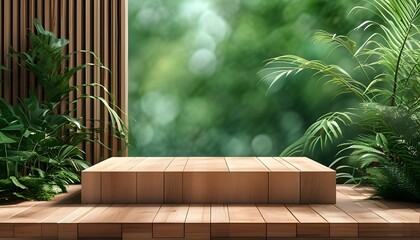 rustic wooden product display in contemporary eco interior setting