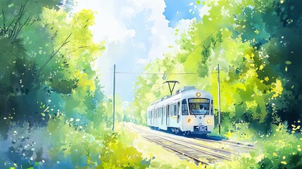 Obraz premium Electric train gliding through a forest, powered by renewable energy, peaceful and sustainable, watercolor style