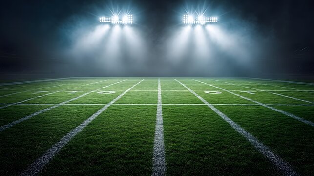 Empty football field under stadium lights at night, with dramatic atmosphere and mist, anticipation